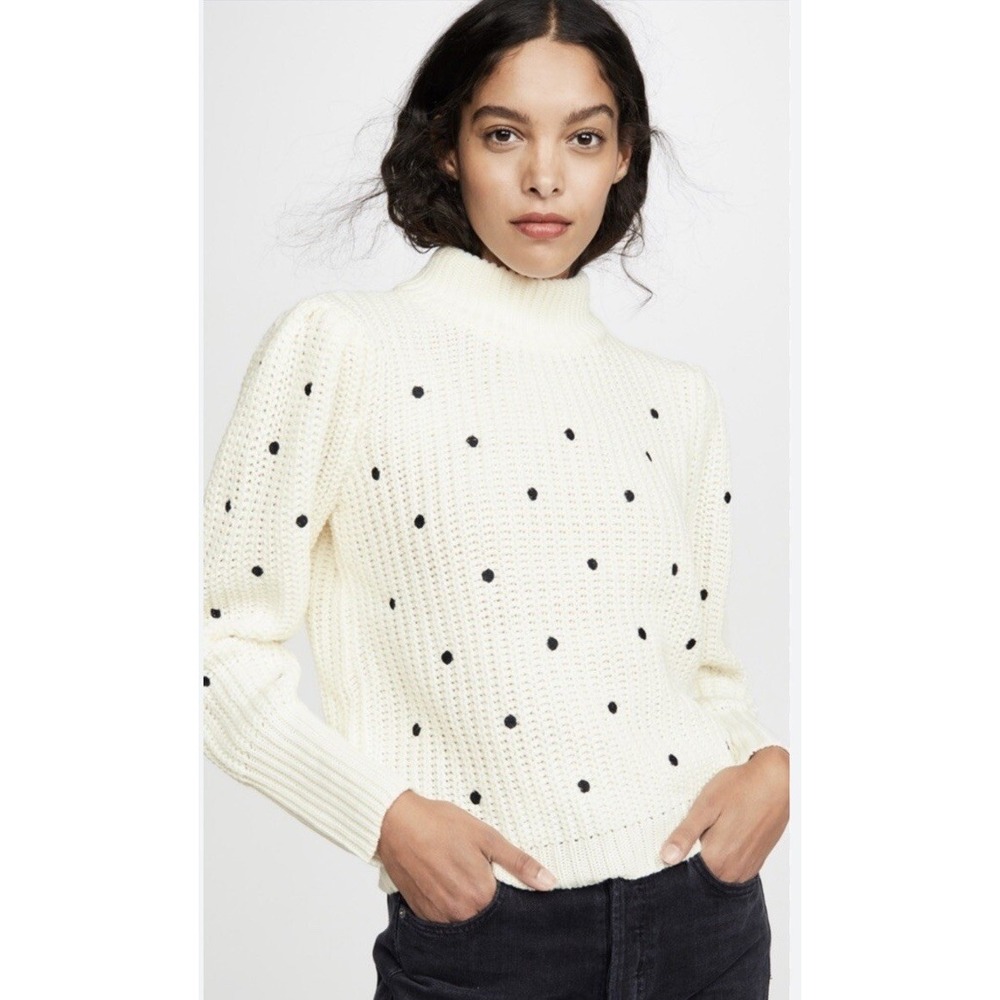 English Factory Ivory Black Embroidered Polka Dot Sweater Sz M Knit‎ Puff Sleeve